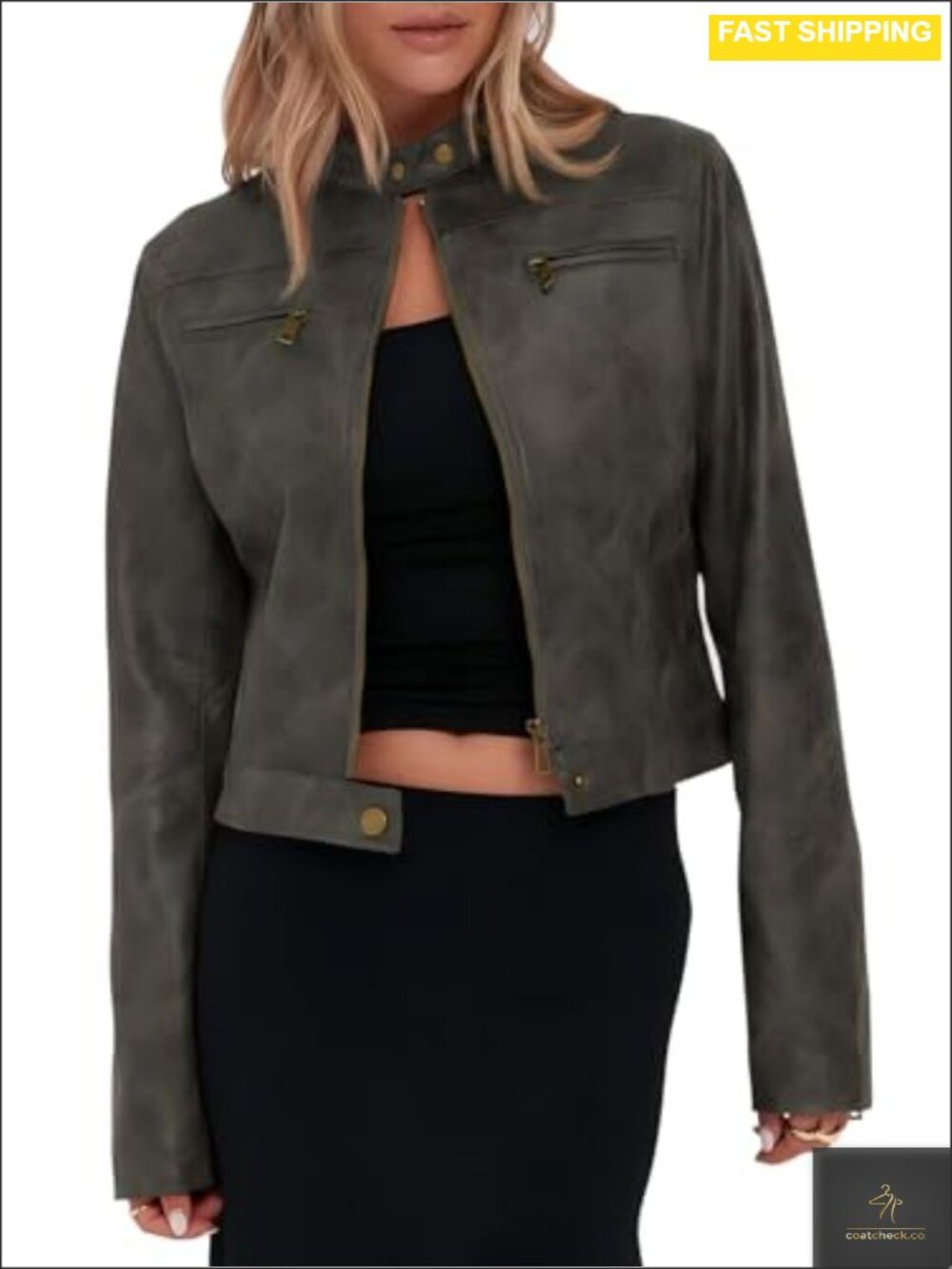 Faux Leather Cropped Moto Jacket Zip Up Stand Collar Biker Coat